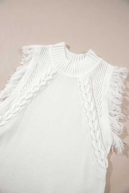 Woven Tasseled Sleeveless Mock Neck Sweater Vest | White