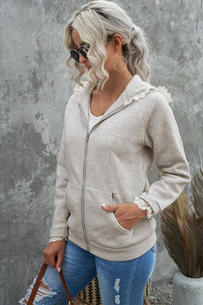 Zip-Up Lace Trim Hooded Coat | Gray