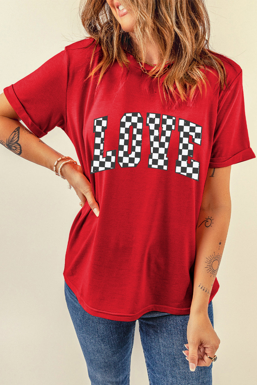 Checkered Love Letter Graphic Valentines T Shirt | Red