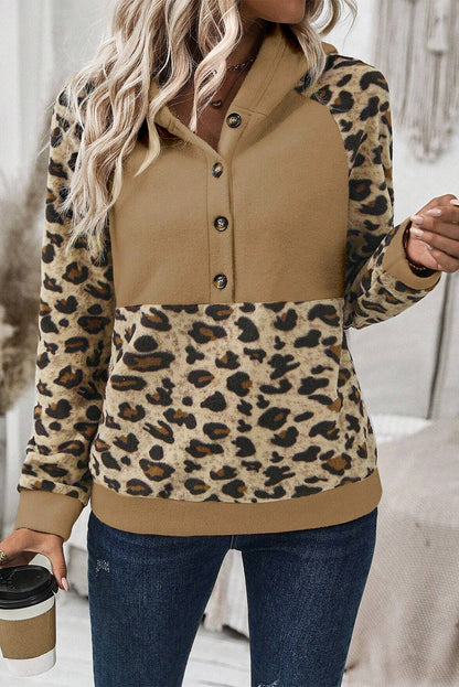 Leopard Print Patchwork Raglan Sleeve Half Buttons Hoodie | Light French Beige