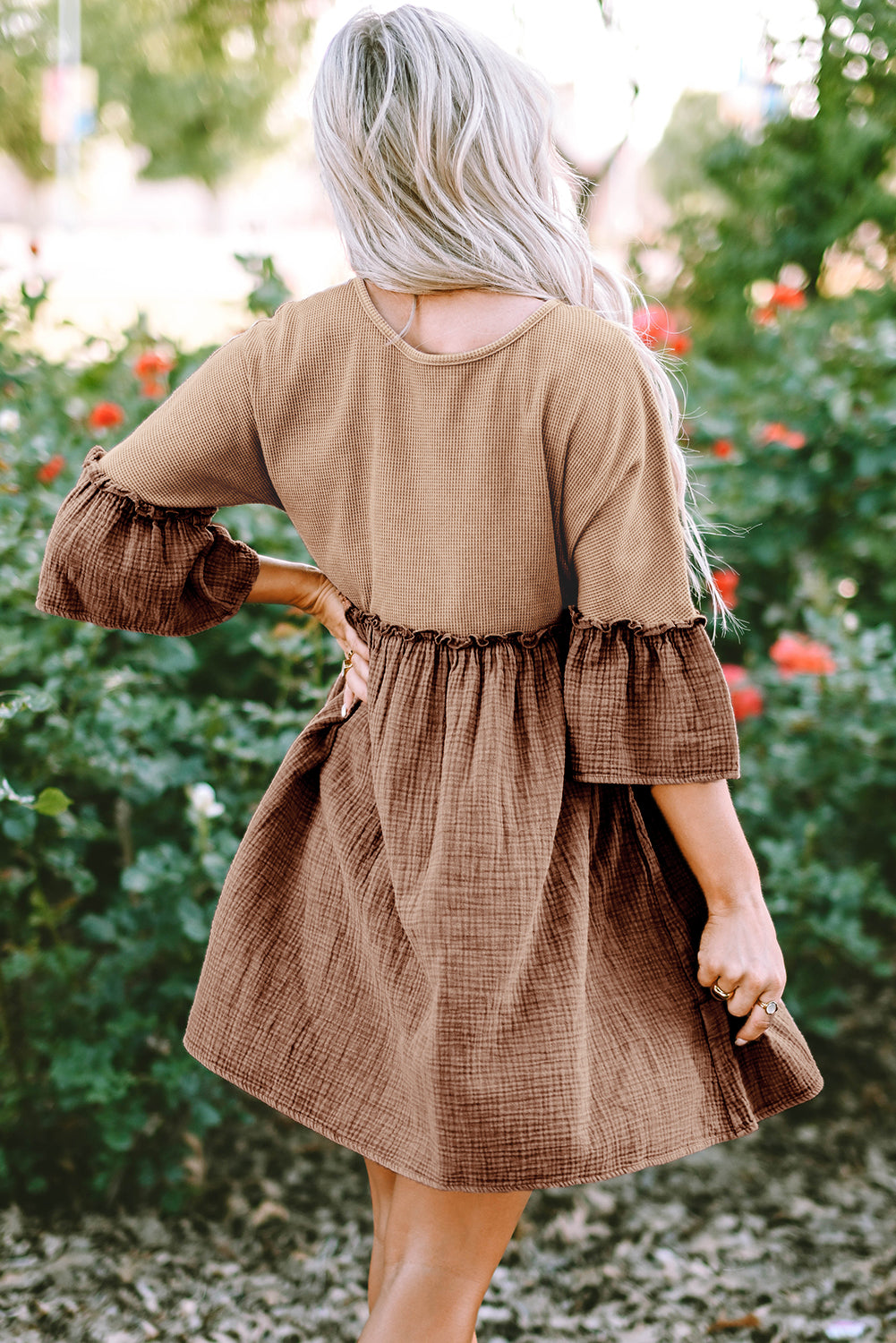 Waffle Crinkle Patchwork Frilled Flare Dress | Khaki