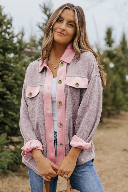 Contrast Trim Collared Casual Shacket | Pink