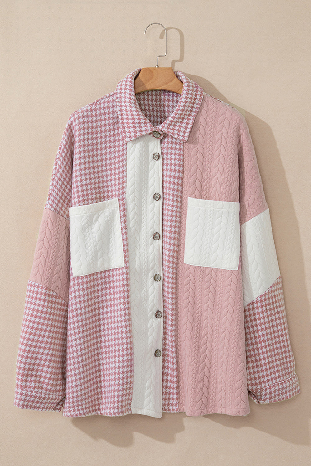 Houndstooth Colour Contrast Textured Patchwork Loose Shacket | Pink