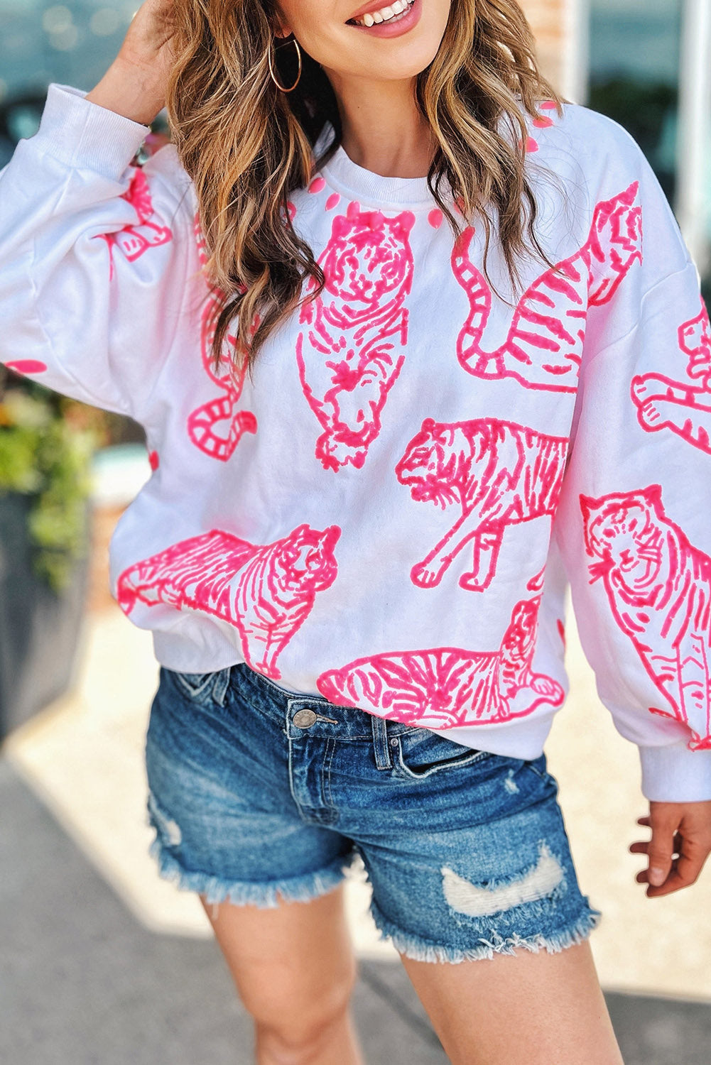 Pink Animal Print Pullover Sweatshirt | Bright White