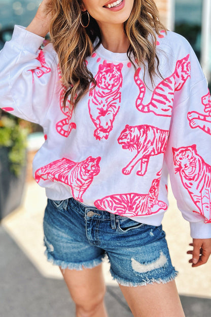 Pink Animal Print Pullover Sweatshirt | Bright White