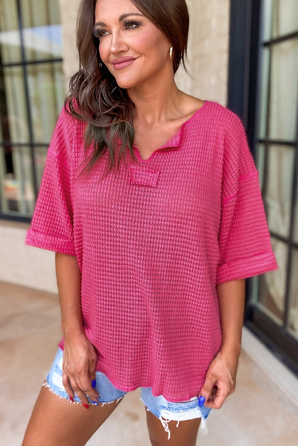 Textured Knit Split Neck Cuffed Short Sleeve Top | Strawberry Pink