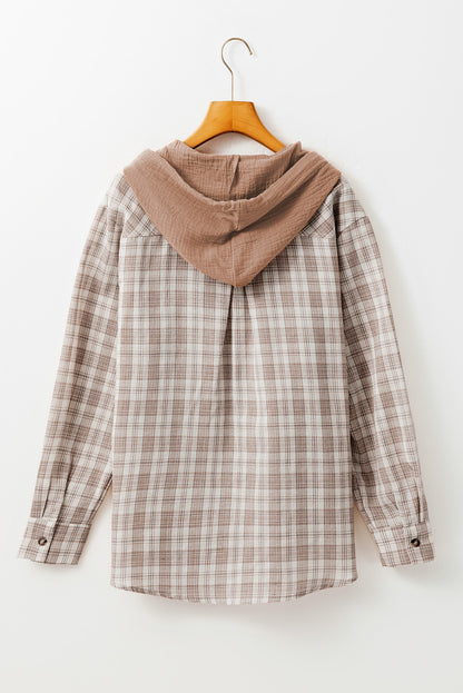 Checkered Print Loose Fit Buttoned Hooded Shacket | Khaki