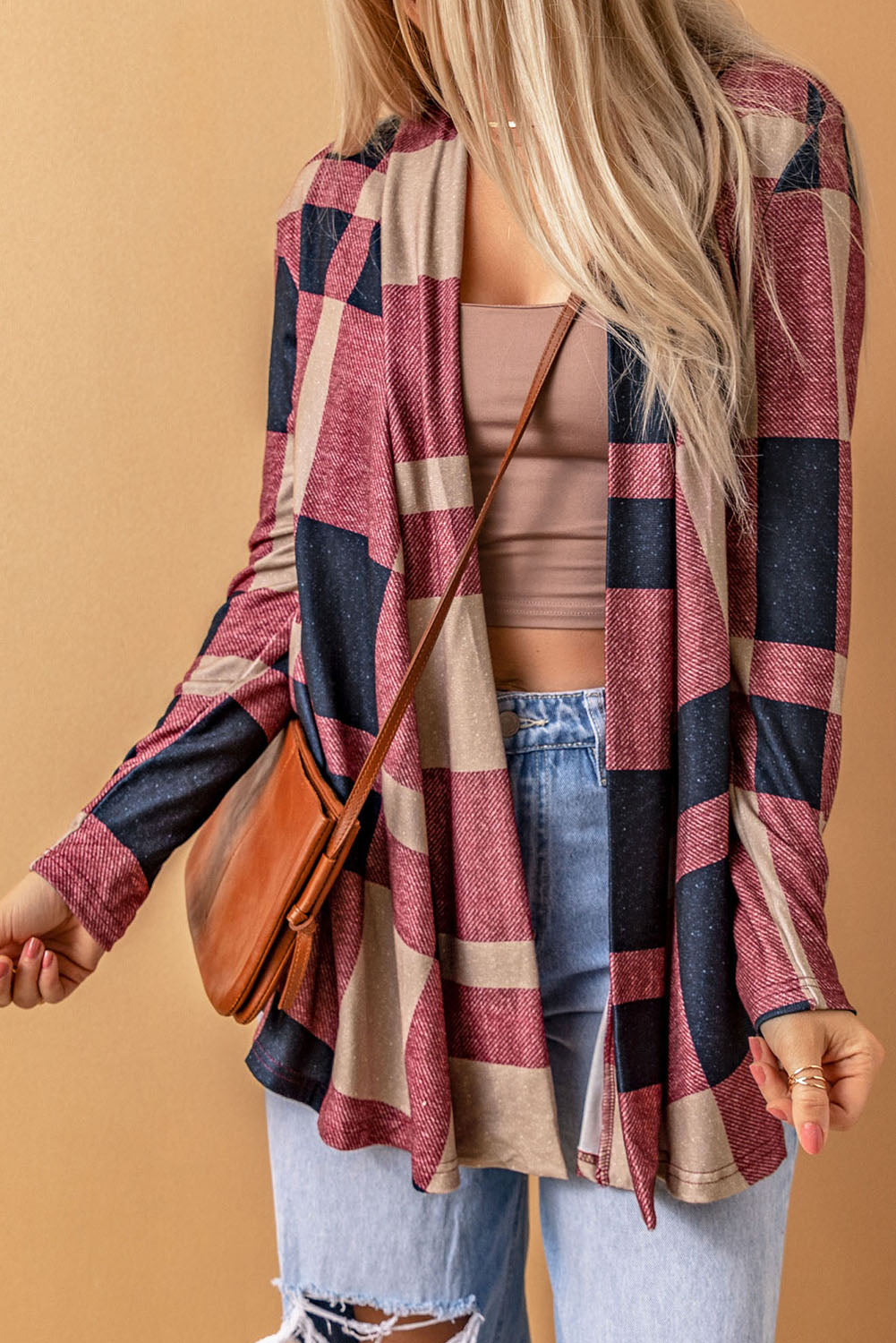 Draped Open Front Plaid Cardigan | Red