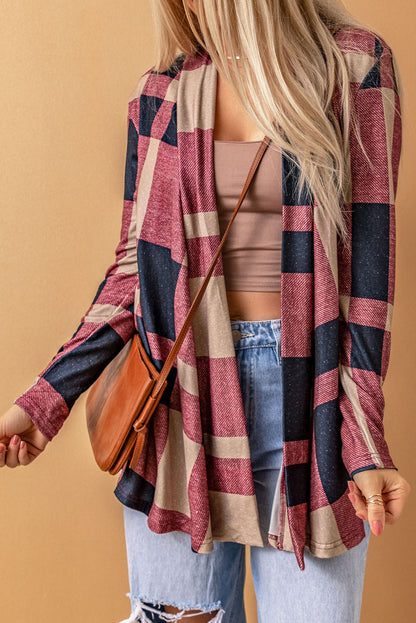 Draped Open Front Plaid Cardigan | Red