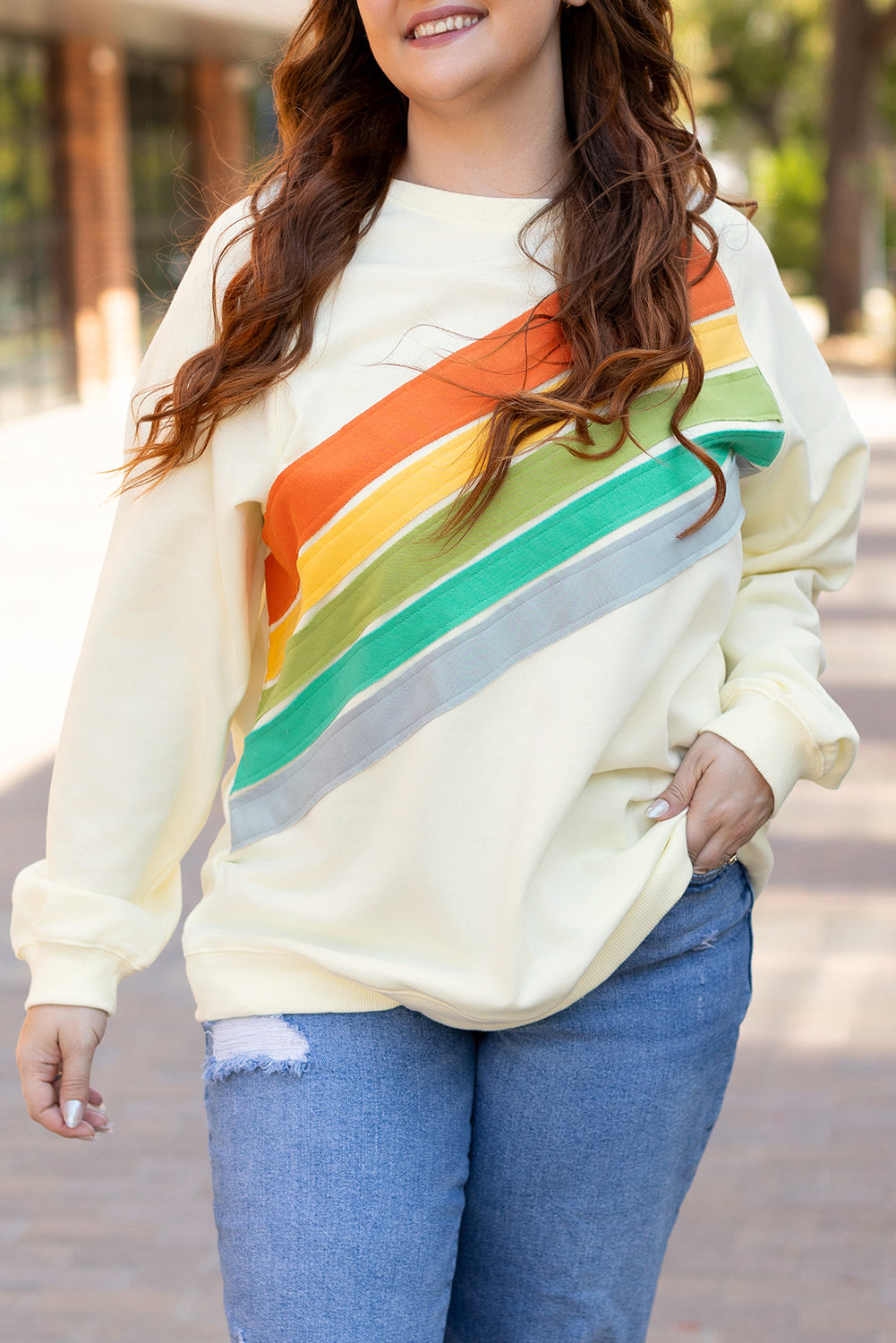 White Rainbow Raglan Sleeve Crew Neck Plus Size Sweatshirt | white