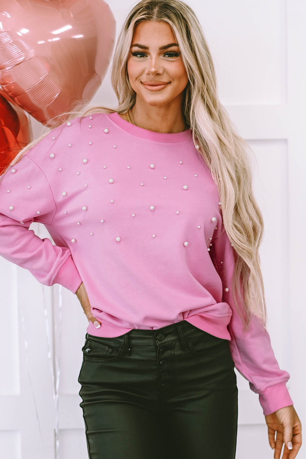 Pearl Detail Ribbed Crew Neck Sweatshirt | Bonbon