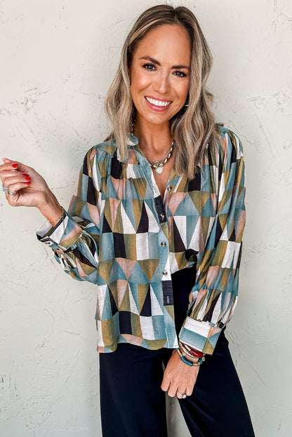 Geometric Print Buttoned Balloon Sleeve Loose Fit Shirt | Green