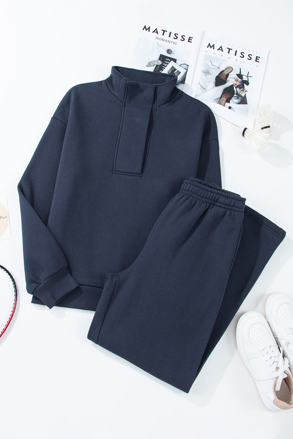 Solid Colour Collared Sweatshirt and High Waist Pants Set | Navy Blue