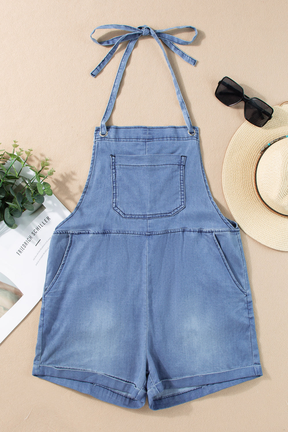 Grommet Tie Straps Casual Denim Romper | Light Blue