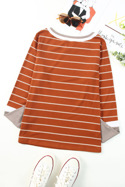 Extend Colour Block Cuffs Rib Knit Striped Pullover | Brown