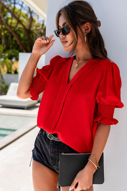 Fiery  Solid Colour Half Sleeve V Neck Blouse | Red