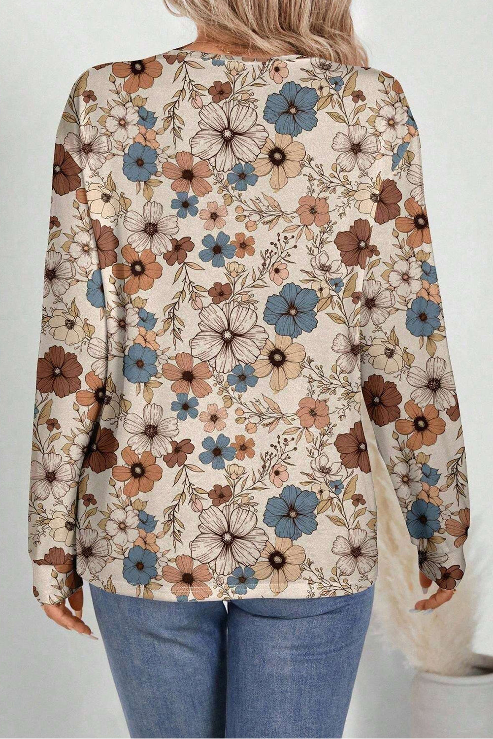 Floral Print Loose Crew Neck Long Sleeve T Shirt | Khaki