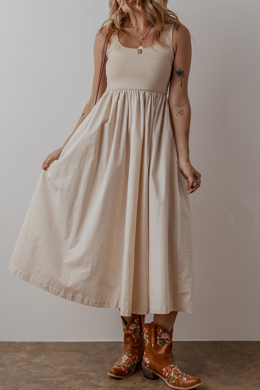 Beige Scoop Neck Ribbed Bodice Pleated Sleeveless Long Dress