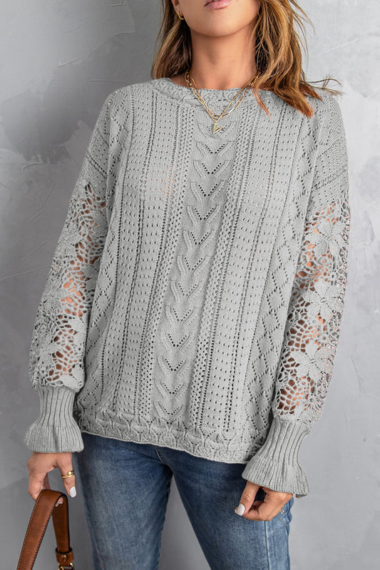 Gray Crochet Lace Pointelle Knit Sweater