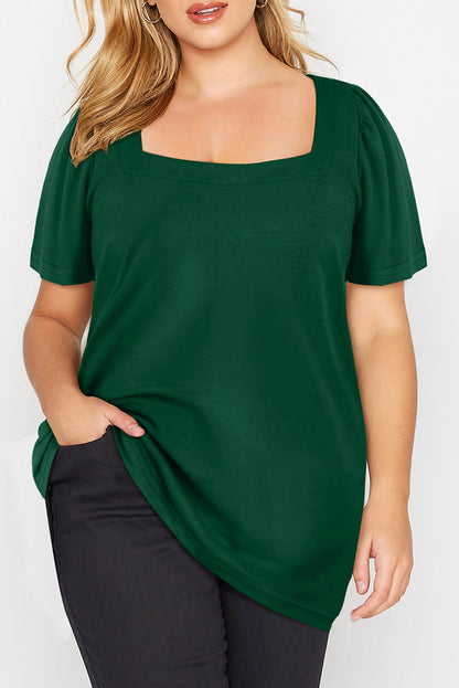 Plus Size Square Neck Ruched Shoulder Short Sleeve Top | Green