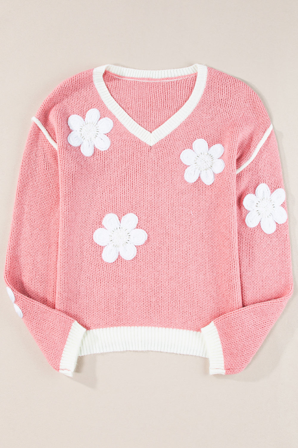 Flower V Neck Dropped Shoulder Sweater | Pink