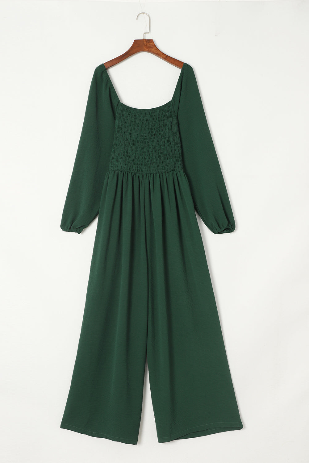 Smocked Square Neck Long Sleeve Wide Leg Jumpsuit | Green