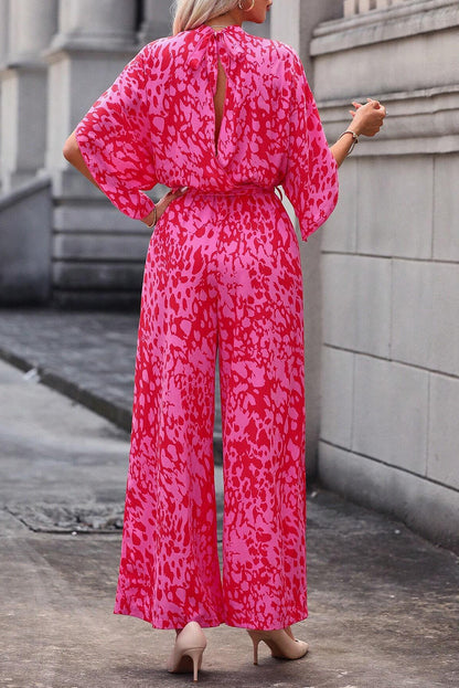 Leopard Loose Sleeve Belted Wide Leg Jumpsuit | Rose