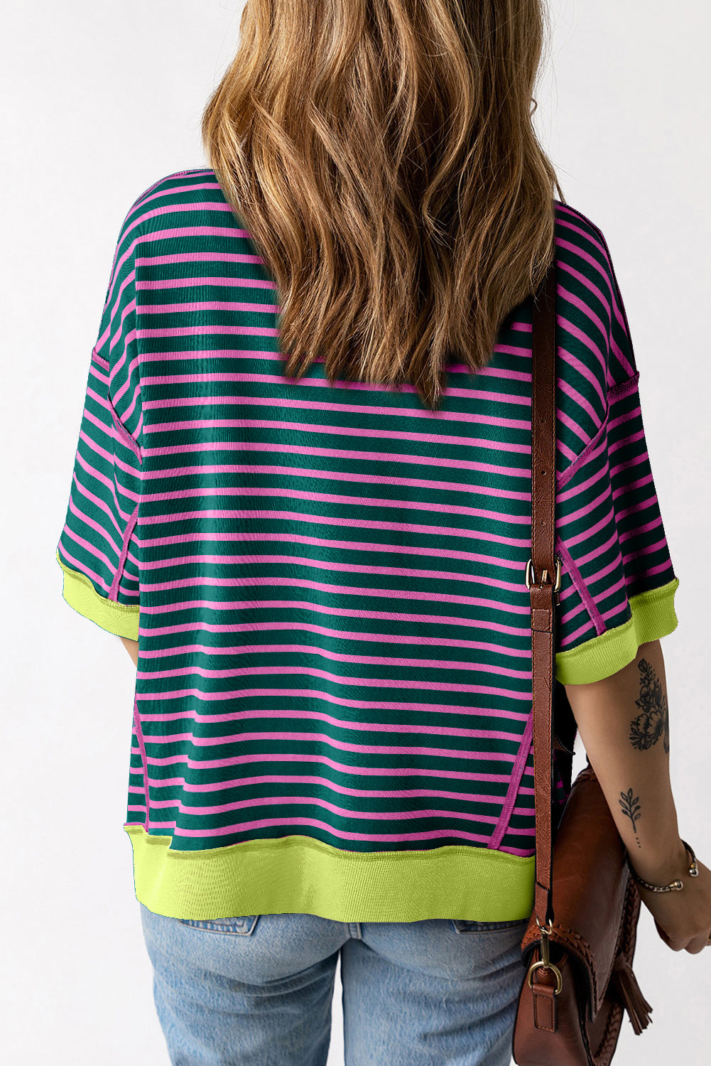 Oversized Contrast Trim Exposed Seam High Low T Shirt | Green Stripe