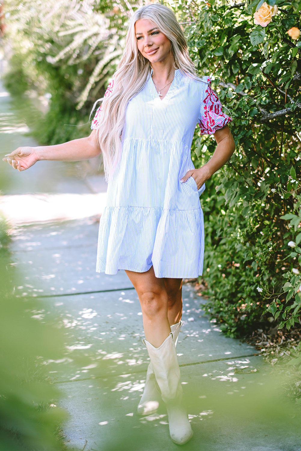 Contrast Floral Puff Sleeve Tiered Ruffle Dress | Sky Blue Stripe