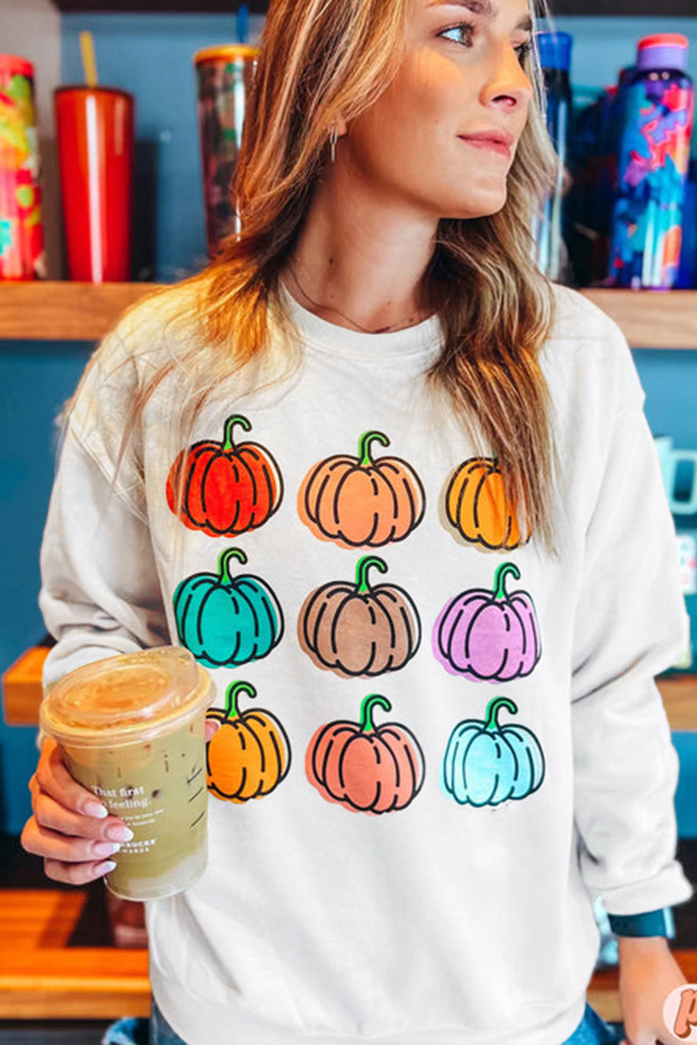 Vibrant Pumpkins Print Crew Neck Halloween Sweatshirt | Beige