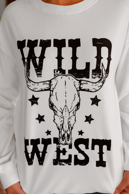 Wild West Steer Skull Graphic Ribbed Sweatshirt | White