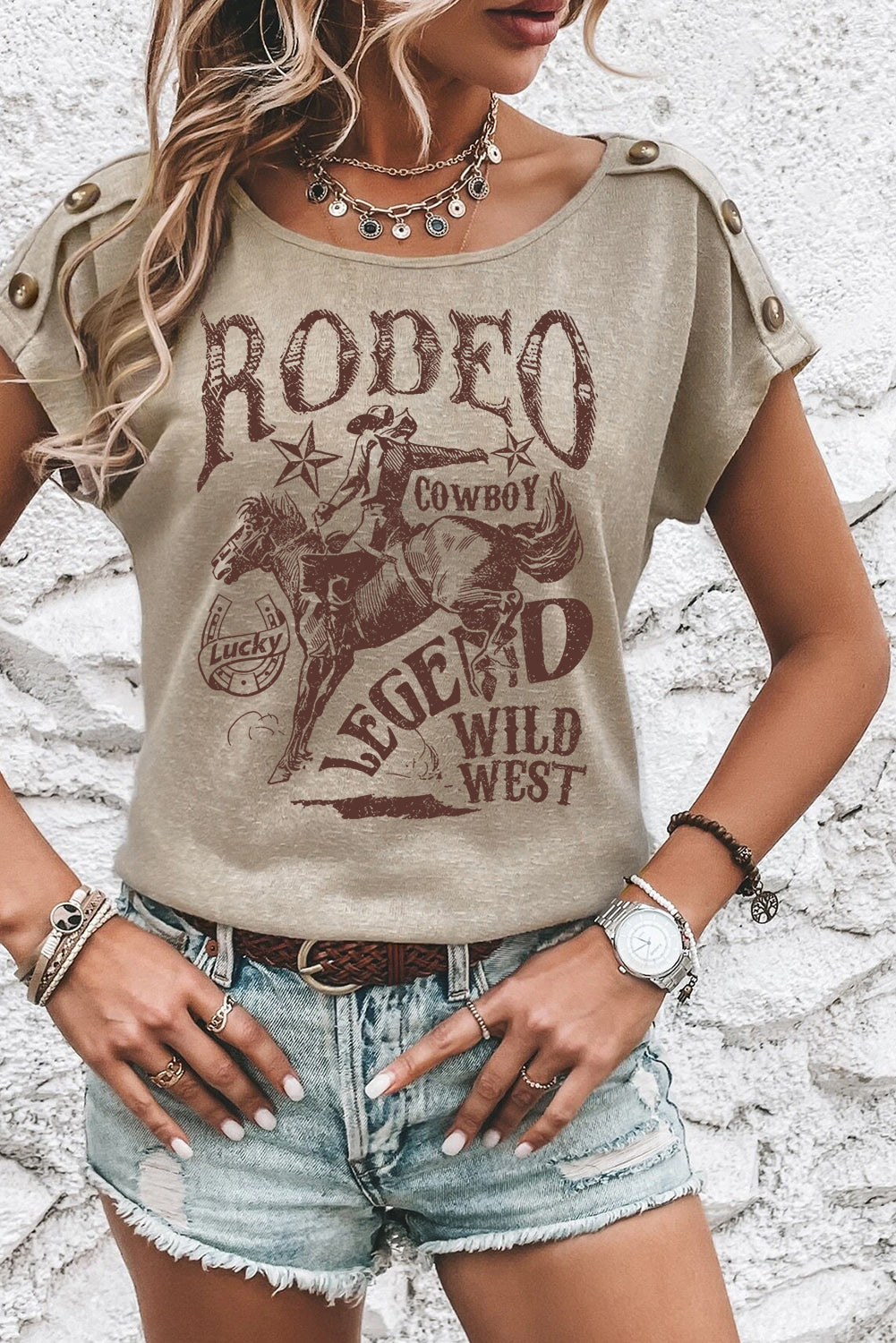 Rodeo Cowboy Graphic Buttoned Batwing Sleeve T Shirt | Smoke Gray