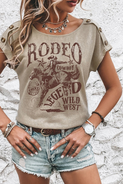 Rodeo Cowboy Graphic Buttoned Batwing Sleeve T Shirt | Smoke Gray