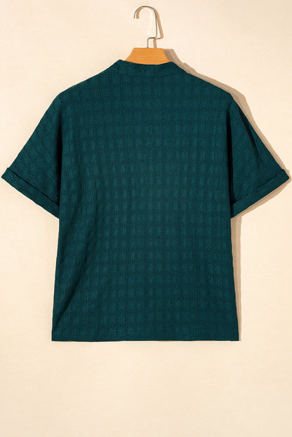 Solid Textured Split Neck Short Sleeve Blouse | Sea Green