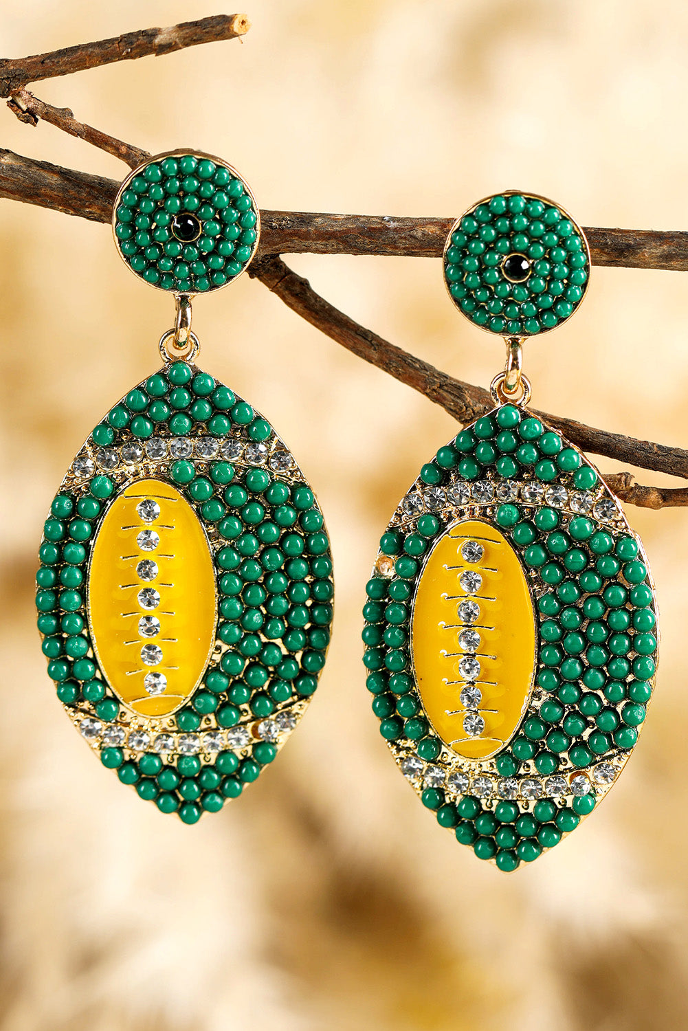 Beaded Rhinestone Rugby Football Drop Earrings | Dark Green