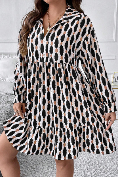 Geometric Print Collared V Neck Plus Size Mini Dress | Apricot