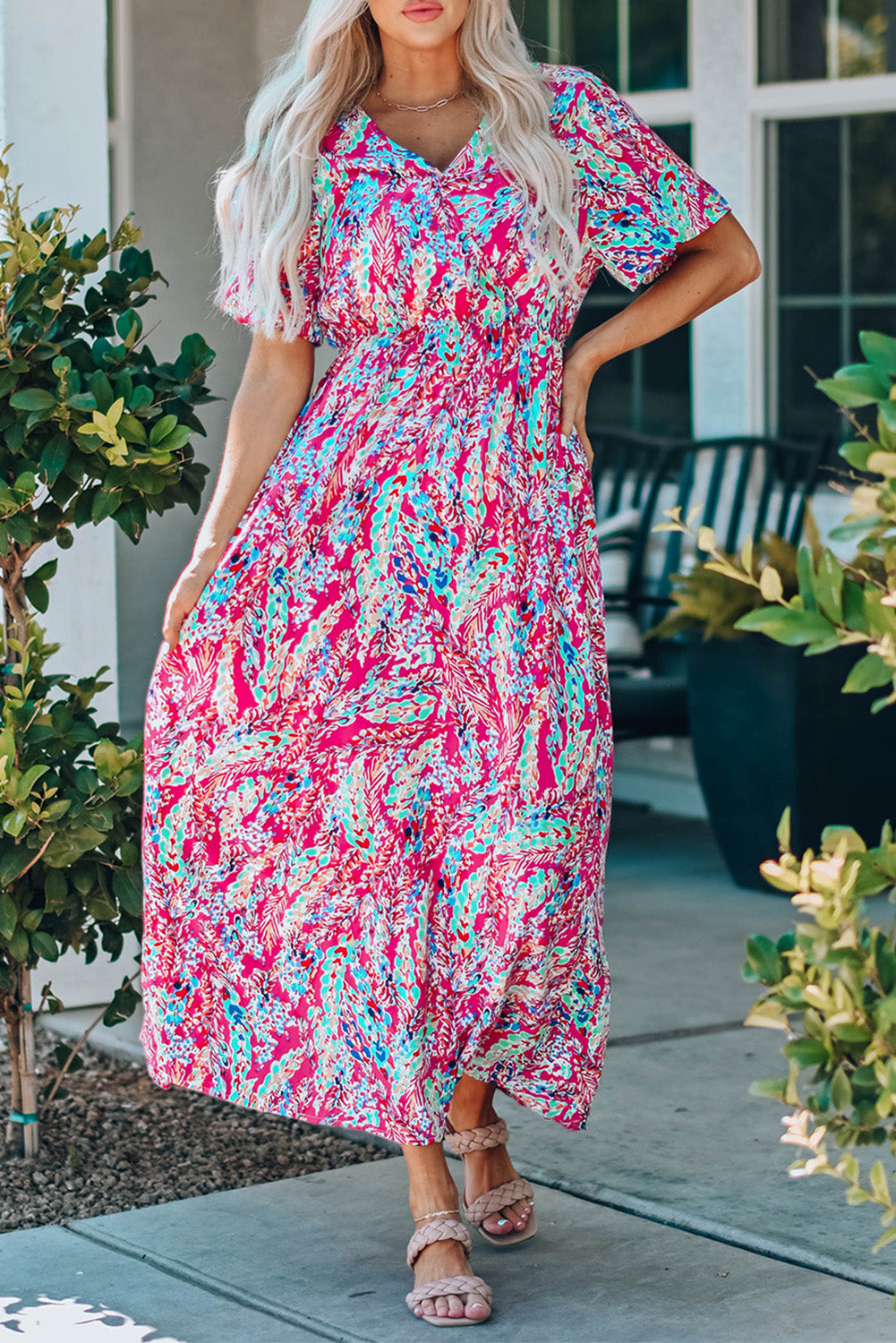 Wrap V Neck Floral Maxi Dress | Red