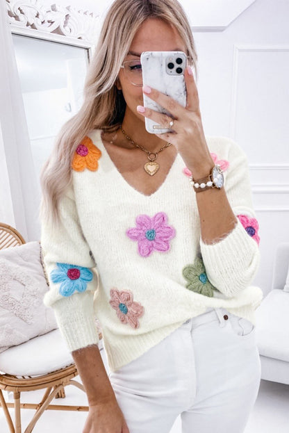 Crochet Flower V Neck Sweater | White