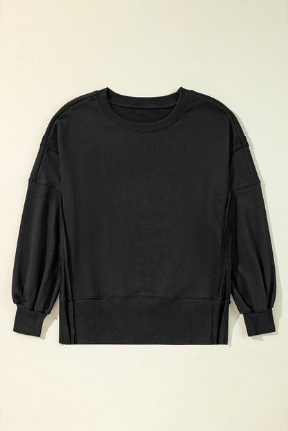 Exposed Seam Drop Shoulder Round Neck Sweatshirt With Slits | Black