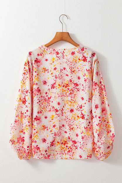 Ditsy Floral Bubble Sleeve V Neck Blouse | Pink