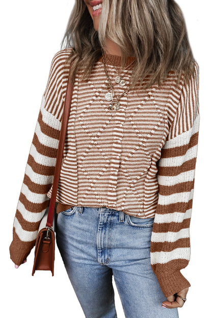 Geometric Textured Drop Shoulder Sweater | Brown Stripe