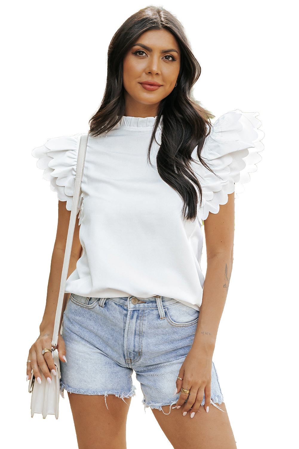 Solid Colour Scalloped Ruffle Sleeve Top | White