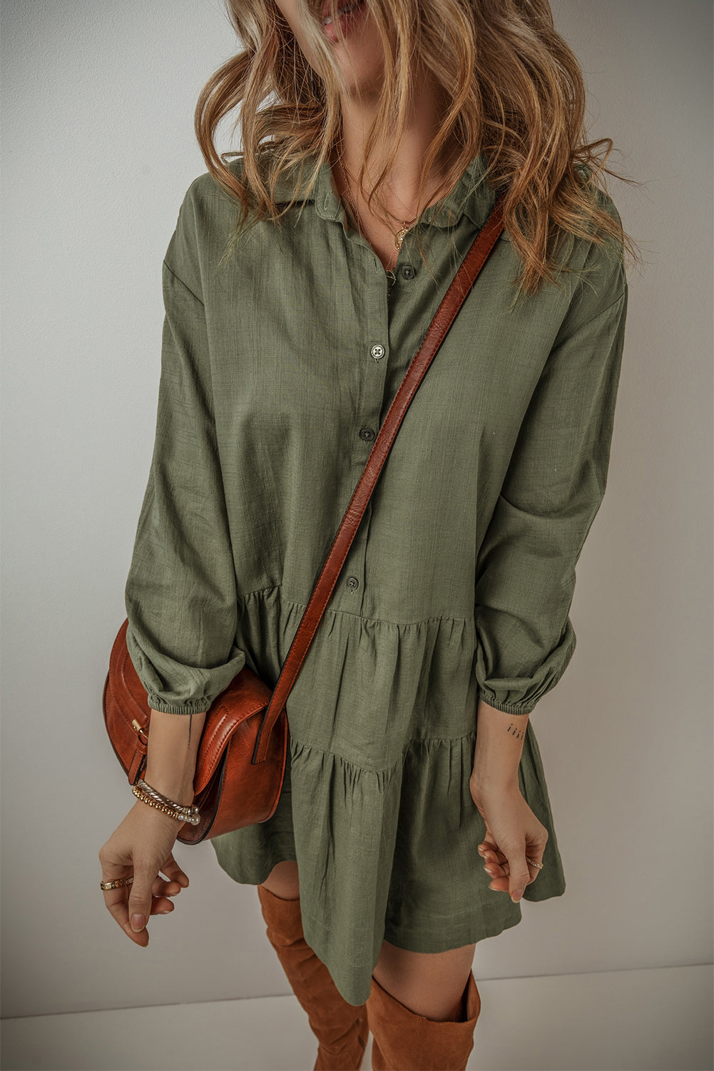 Puff Sleeve Buttoned Tiered Pleated Shirt Mini Dress | Jungle Green