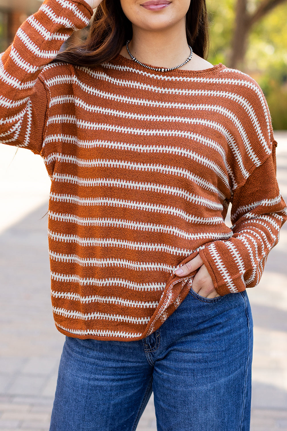 Drop Shoulder Casual Sweater | Brown Stripe