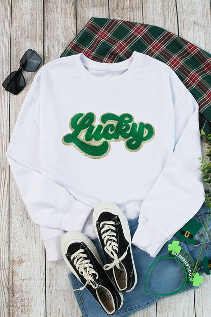 Shiny Trim Chenille Lucky Pattern Sweatshirt | White