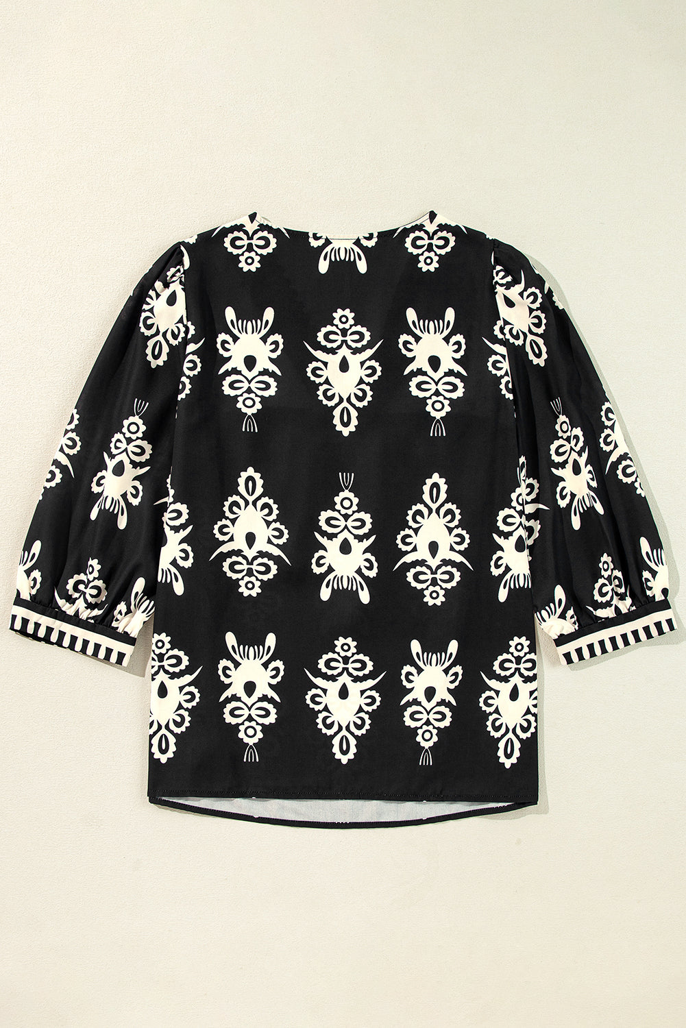 Vintage Geometric Printed 3/4 Sleeve V Neck Blouse | Black