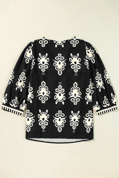 Vintage Geometric Printed 3/4 Sleeve V Neck Blouse | Black