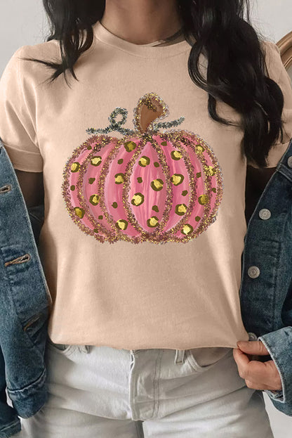 Cheetah Pumpkin Print Round Neck T Shirt | Khaki