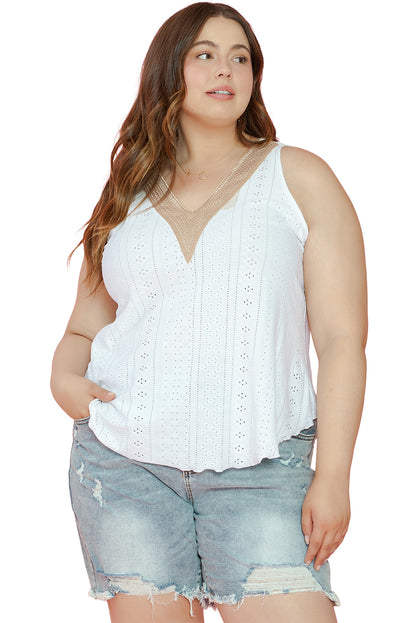 Plus Size Guipure V Neck Eyelet Lace Tank Top | White