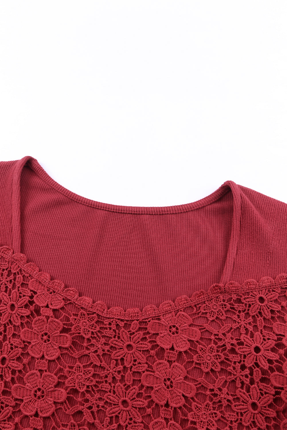 Fiery  Lace Crochet V Neck Long Sleeve Top | Red